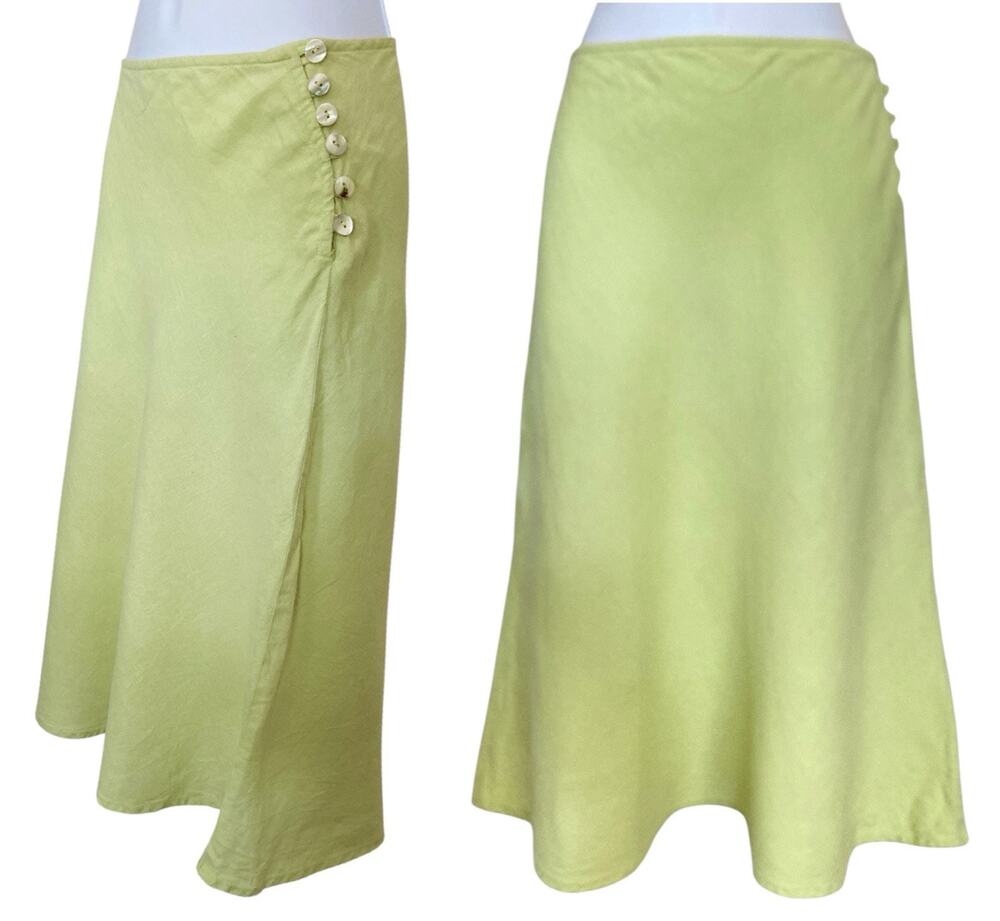Vintage 90s Y2k Lime Green Linen Midi Skirt Boho Cottage Coastal Minimalist 4/6